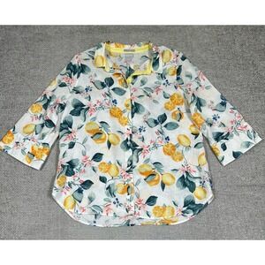 Chicos Top Womens 2 US 12 White Yellow Linen No Iron Lemon Print Vacation Beach